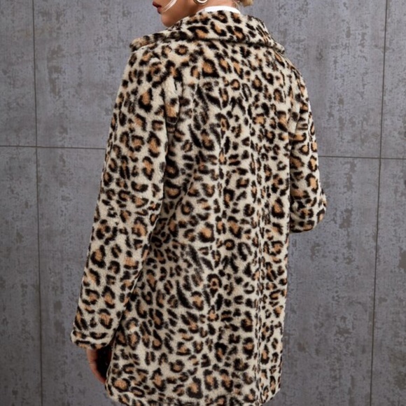 Cream Leopard Print Teddy Open Front Jacket Coat - Picture 4 of 5